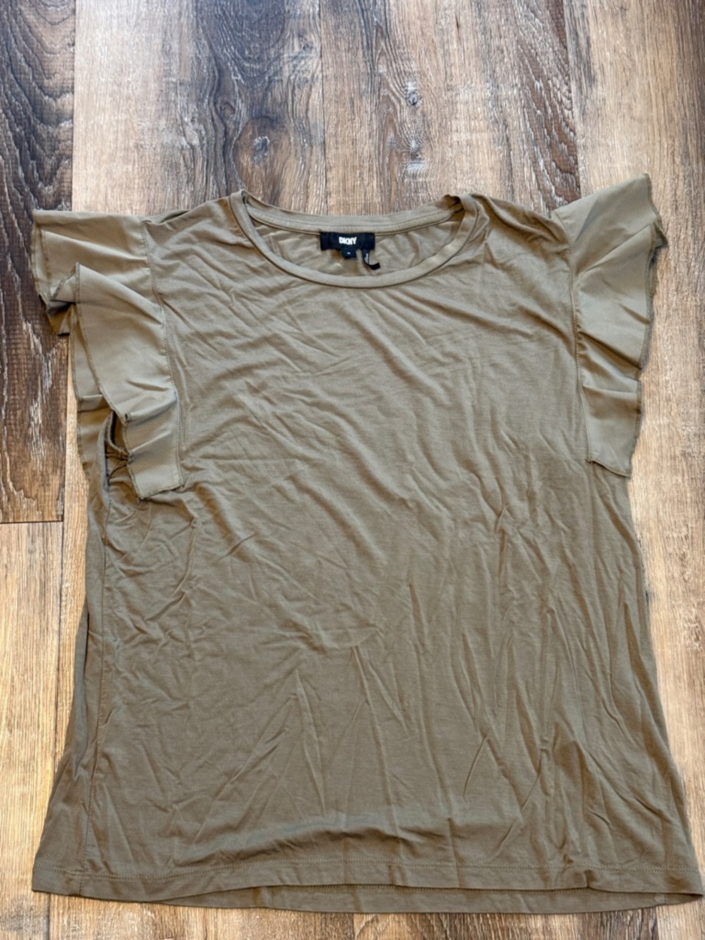 DKNY Olive Green Short Sleeve Ruffle Top